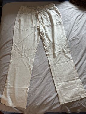 Roxy Oceanside Linen Blend Pants Cream Wide Leg Drawstring Size L NWT